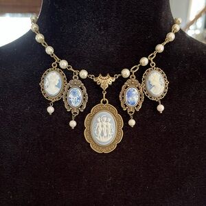 Vintage Cameo Wedgewood Blue Style Choker Three Fates Necklace